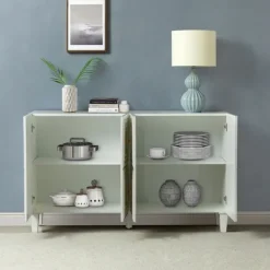 Cabinets & Sideboards-Kirkland's Home Wood Block Patterned 4-Door Sideboard White