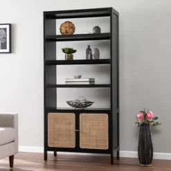 Bookshelves-Kirkland's Home Wood Cane Doors Bookshelf Black