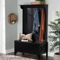 Entryway Furniture-Kirkland's Home Wood Classic Farmhouse Hall Tree Black