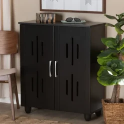 Entryway Furniture-Kirkland's Home Wood Cut-Out Shoe Storage Cabinet Black