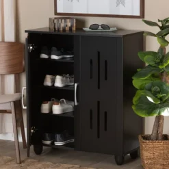 Entryway Furniture-Kirkland's Home Wood Cut-Out Shoe Storage Cabinet Black