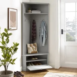Entryway Furniture-Kirkland's Home Wood Drop Door Corner Hall Tree Gray
