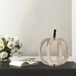 Statues & Figurines-Kirkland's Home Wood Frame Metal Stem Pumpkin Statue Tan