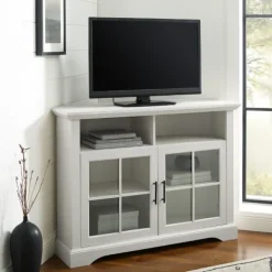 Tv Stands & Media Consoles-Kirkland's Home Wood Glass Pane Door Corner Tv Stand White
