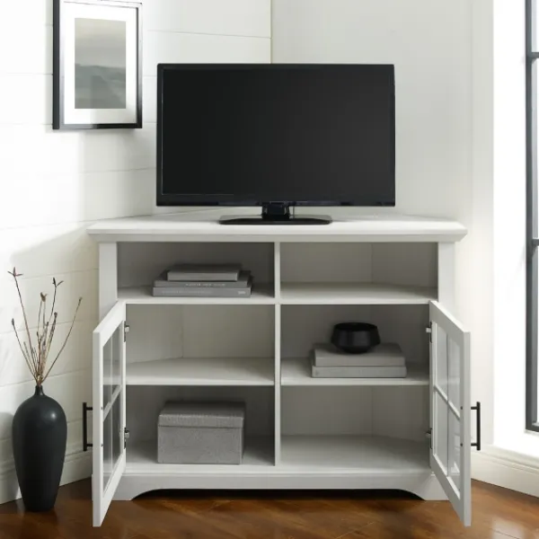 Tv Stands & Media Consoles-Kirkland's Home Wood Glass Pane Door Corner Tv Stand White