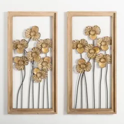 Wall Plaques-Kirkland's Home Wood Gold Metal Flowers Ii Wall Plaque Gold/Tan