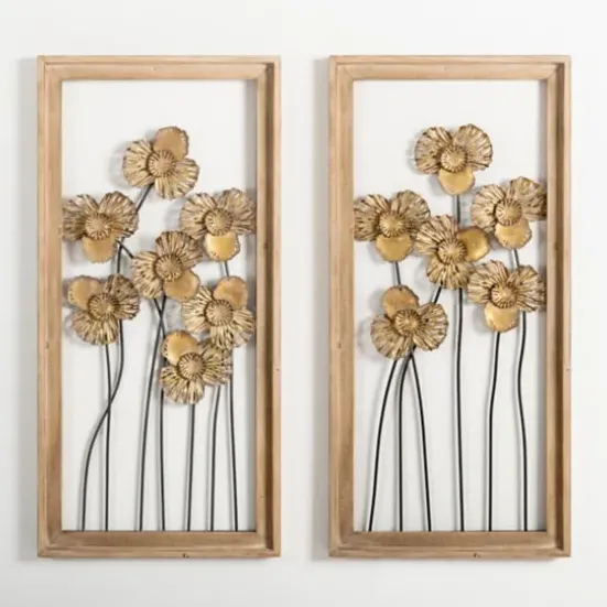 Wall Plaques-Kirkland's Home Wood Gold Metal Flowers Ii Wall Plaque Gold/Tan