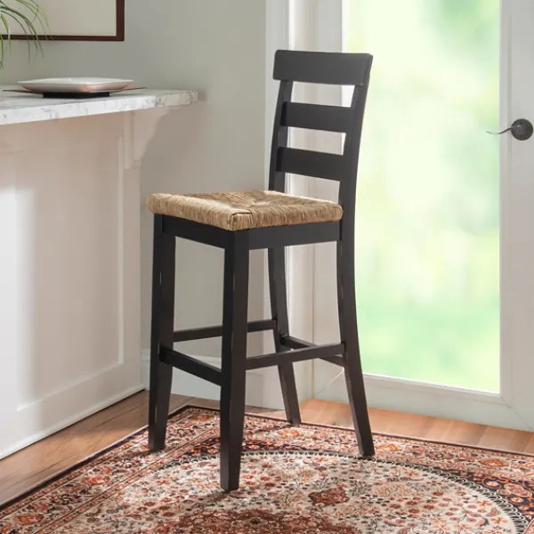 Bar Stools & Counter Height Stools-Kirkland's Home Wood Seagrass Seat Slat Back Bar Stool Black