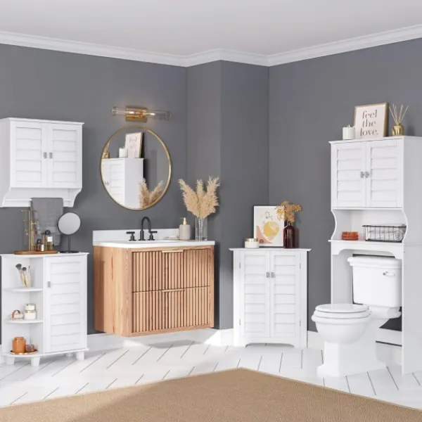 Bathroom Furniture-Kirkland's Home Wood Shutter Door Open Shelf Cabinet White
