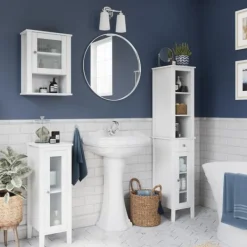 Bathroom Furniture-Kirkland's Home Wood Slim Single Glass Door Floor Cabinet White