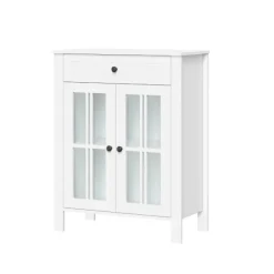 Bathroom Furniture-Kirkland's Home Wood Two Pane Glass Doors Floor Cabinet White