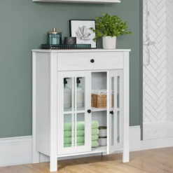 Bathroom Furniture-Kirkland's Home Wood Two Pane Glass Doors Floor Cabinet White