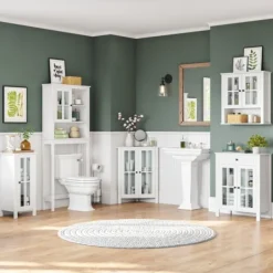 Bathroom Furniture-Kirkland's Home Wood Two Pane Glass Doors Floor Cabinet White