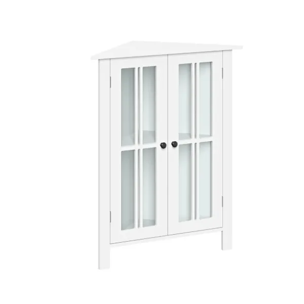 Bathroom Furniture-Kirkland's Home Wood Two Pane Glass Doors Corner Cabinet White