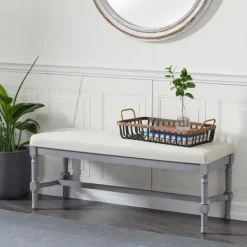 Benches & Ottomans-Kirkland's Home Wood Upholstered Burlap Seat Bench Gray