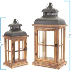 Lanterns-Kirkland's Home Wood Windowpane Slope Top Lanterns, Set Of 2 Brown/Black