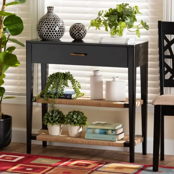 Console Tables-Kirkland's Home Wood Woven Shelves Console Table Black