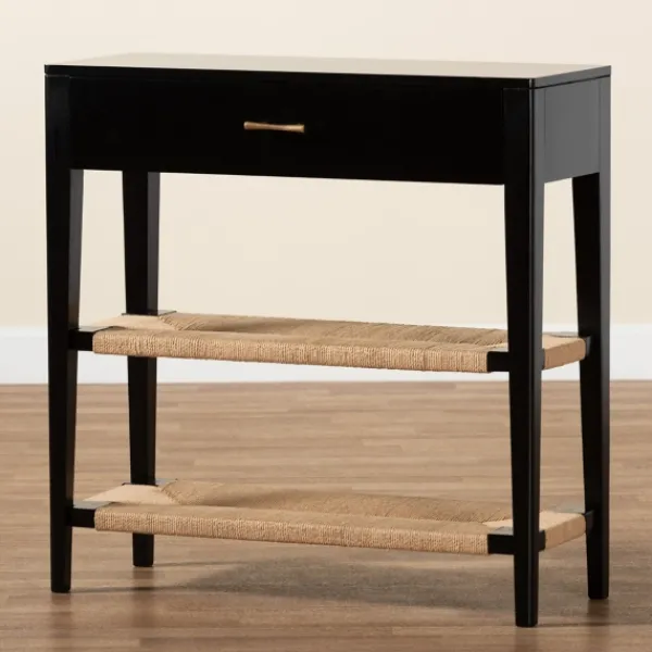 Console Tables-Kirkland's Home Wood Woven Shelves Console Table Black