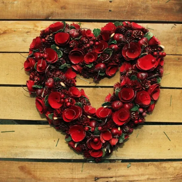 Wreaths-Kirkland's Home Wooden Roses And Cherries Valentine Heart Wreath Red