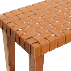 Benches & Ottomans-Kirkland's Home Woven Leather Textured Wood Bench Brown