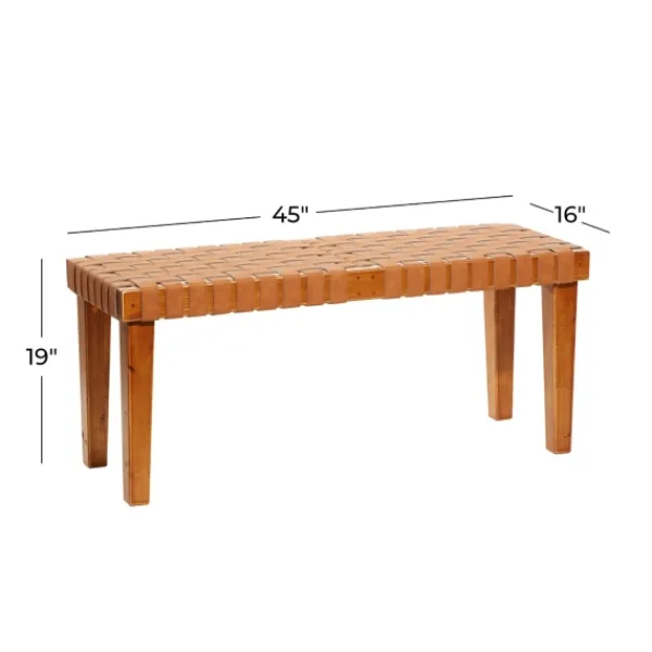 Benches & Ottomans-Kirkland's Home Woven Leather Textured Wood Bench Brown