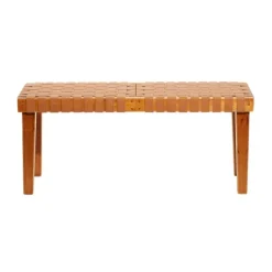 Benches & Ottomans-Kirkland's Home Woven Leather Textured Wood Bench Brown