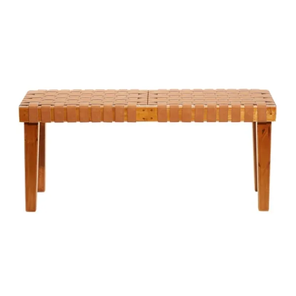 Benches & Ottomans-Kirkland's Home Woven Leather Textured Wood Bench Brown