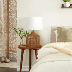 Table Lamps-Kirkland's Home Woven Rattan Base Ivory Shade Table Lamp Brown