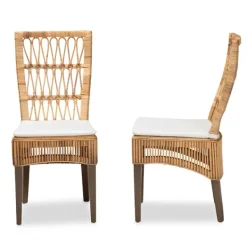 Dining Chairs-Kirkland's Home Woven Rattan White Cushion Dining Chairs, Set Of 2 Tan/White