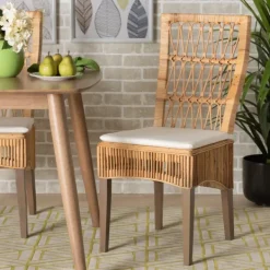 Dining Chairs-Kirkland's Home Woven Rattan White Cushion Dining Chairs, Set Of 2 Tan/White