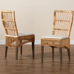 Dining Chairs-Kirkland's Home Woven Rattan White Cushion Dining Chairs, Set Of 2 Tan/White