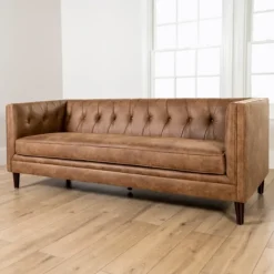 Sofas & Loveseats-Kirkland's Home Wyatt Chester Faux Leather Formal Sofa Brown